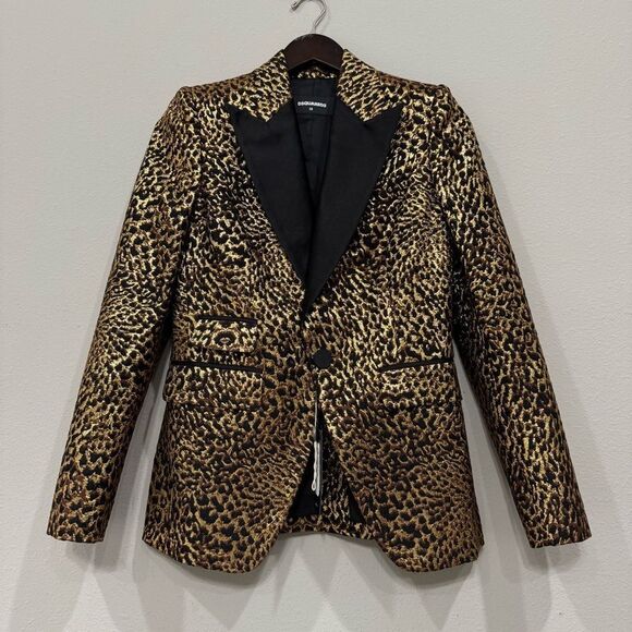 DSQUARED Tuxedo Blazer Size 38 US 2‎ Brocade Metallic Leopard Satin Lapel - Picture 4 of 16